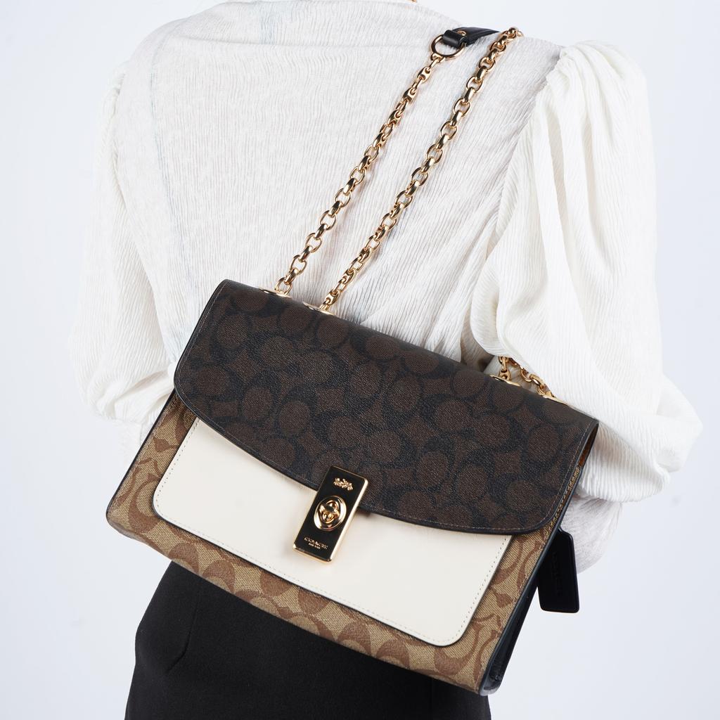 Coach Lane 26 Fashion Color Block Chain Crossbody Shoulder Bag Coated Canvas And Leather Medium Women handbags Brown White C1539-IMNOX