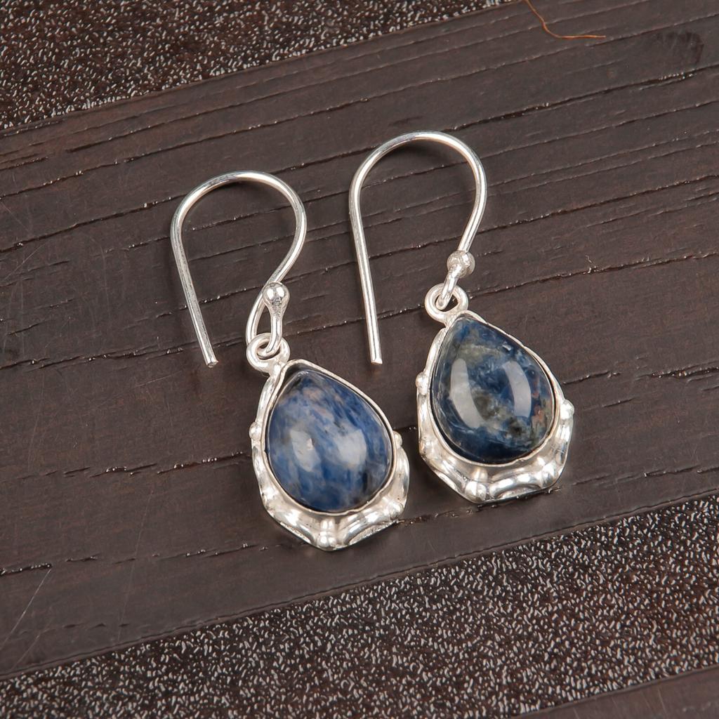 Natural Sodalite Gemstone 925 Sterling Silver Jewelry Handcrafted Earrings 1.30" EE-3-28