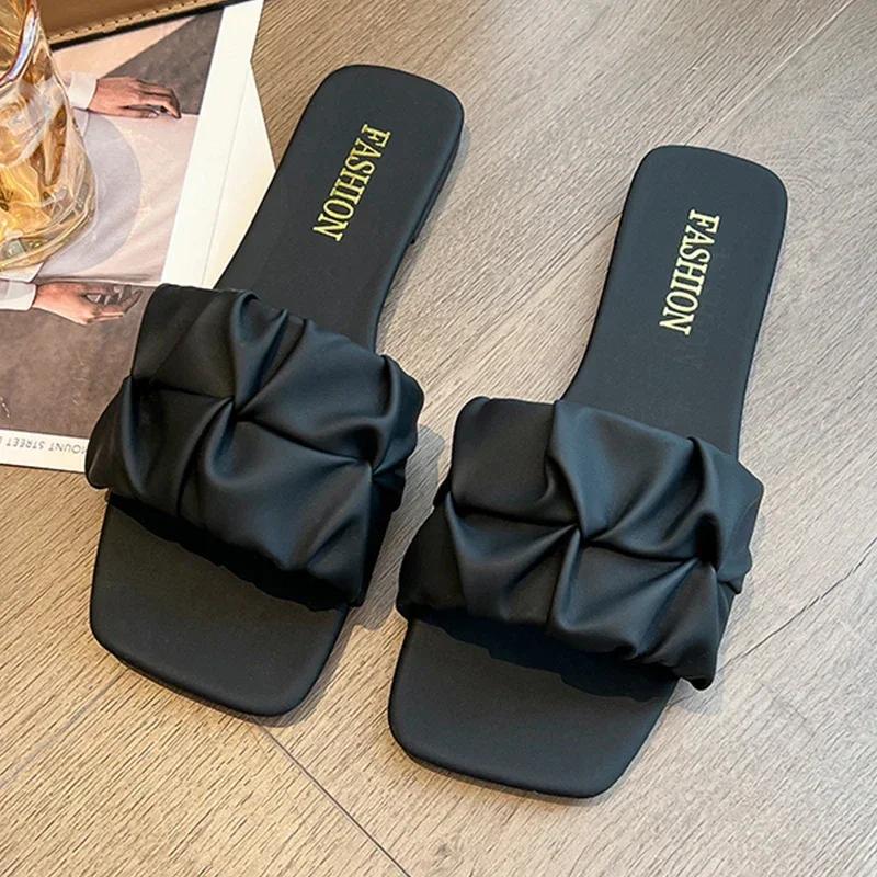 Summer Slippers For Women Flip Flops Flats 2025 New Pleated Korean Slippers Women Sandals Green Slip On Shoes Big Size 35-42