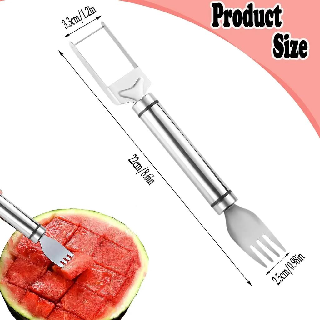 2-in-1-Wassermelonen-Gabelschneider, Doppelkopf, Edelstahl, multifunktionaler Wassermelonen-Obstschneider, Küchen-Obstschneidegabel-Werkzeug