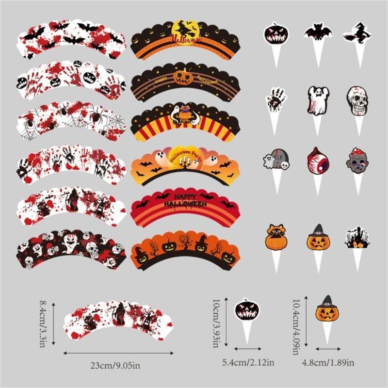 652F Halloween Theme Small Cupcake Toppers Cupcake Wraps Party Decorations Mini Pumpkins Skull Bat Cupcake Decoration