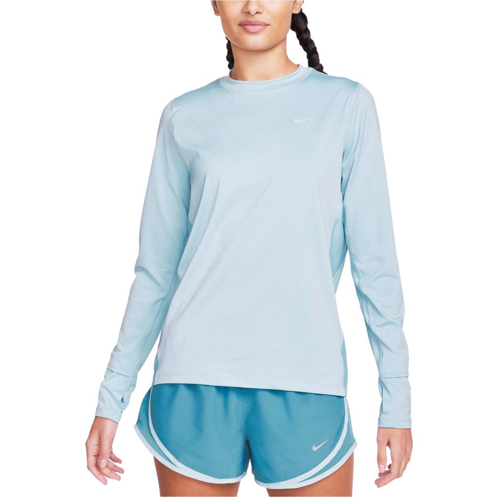 Nike Logo Print Round Neck Quick-Dry American Vintage Long Sleeve T-Shirt Women Tops Joyful-Ocean-Blue Silver DX0309-442