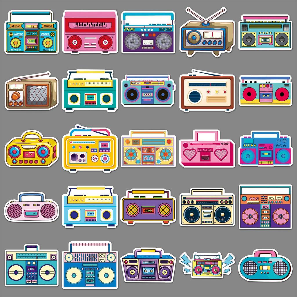 50 Retro Radio Stickers: Colorful Cartoon Graffiti, Waterproof for Decorative Journaling, Storage Box