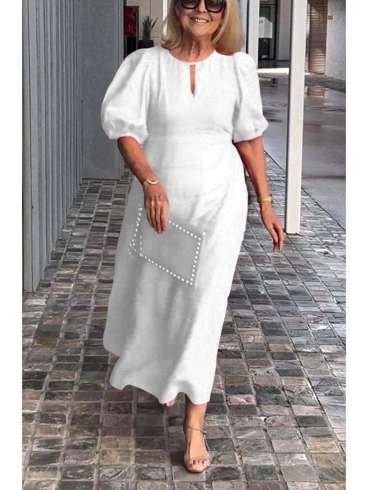 Damen Frühlings-Sommer Einfarbig Locker Sitzend Bequem Lässig Rundhals Pullover-Stil Kleid mit Puffärmeln