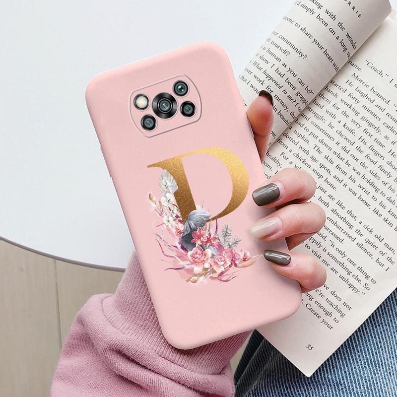 Letter Case For Poco X3 NFC PocoX3 Pro Back Cover Retro Flowers Pink Black Soft TPU Initial Fundas For Xiaomi Poco X 3 Pro Coque