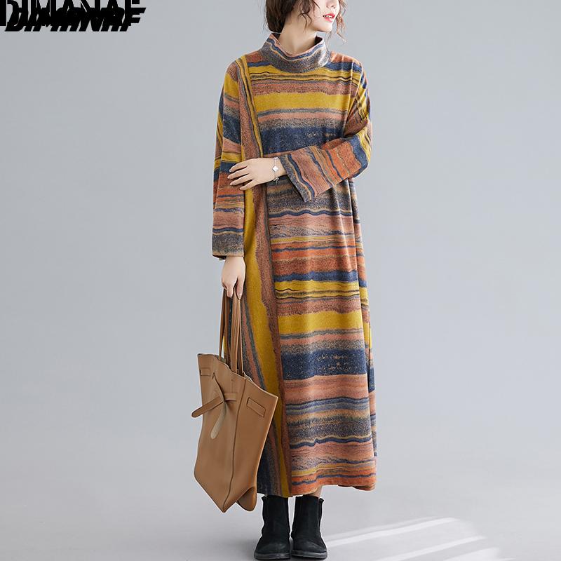 Dimanaf Autumn Winter Long Sleeve Dress Oversize Turtleneck Striped Cotton Thick Vintage Lady Loose Maxi Dress Women Clothing