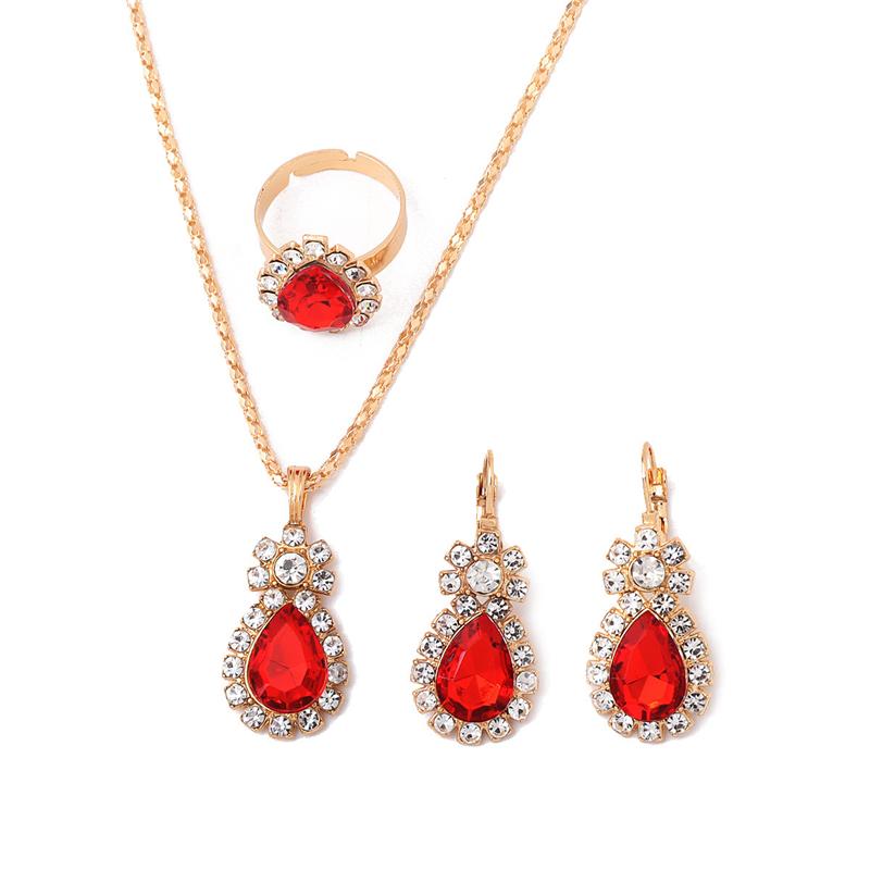 Red Rhinestone Waterdrop Jewelry Set for Women Classic Fashion Earrings Necklace Ring Crystal Bridal Birthday Girl Gift Wedding