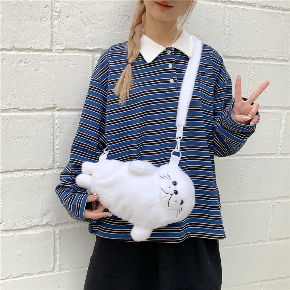 Soft Fluffy Cute Seal Shoulder Bag Cartoon Adjustable Straps Phone Bag Lightweight Fabric Crossbody Bag Women's Accessories