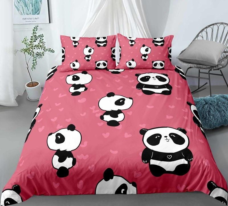 3D Cartoon Panda Duvet Cover Set Cute Panda Comforter Cover Bamboo Black White Bear Polyester Bedding Set for Boys Girls Teens