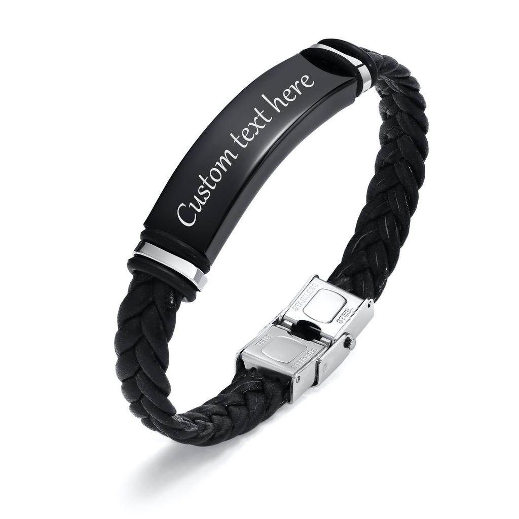Men's Custom Text Here Leather Bracelets, Engraved Stainless Steel Blank Bar Leathers Bangle, New Simple Name Gift To Him