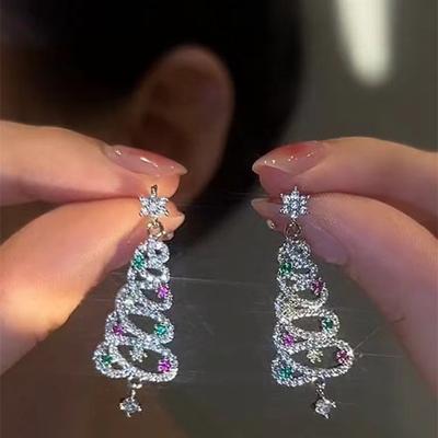 New Full Inlaid Colorful Zircon Christmas Tree Tassel Earrings Women's Fashion Personality Earrings Party  Christmas Gift