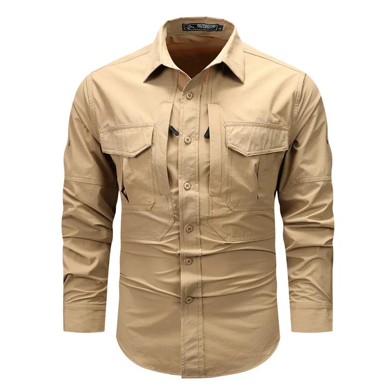 Spring Autumn Men Long Sleeved Shirt Men Tactical Work Shirts Tops Outdoor Multi-pocket Quick Drying Hiking Fishing Cargo Shirts