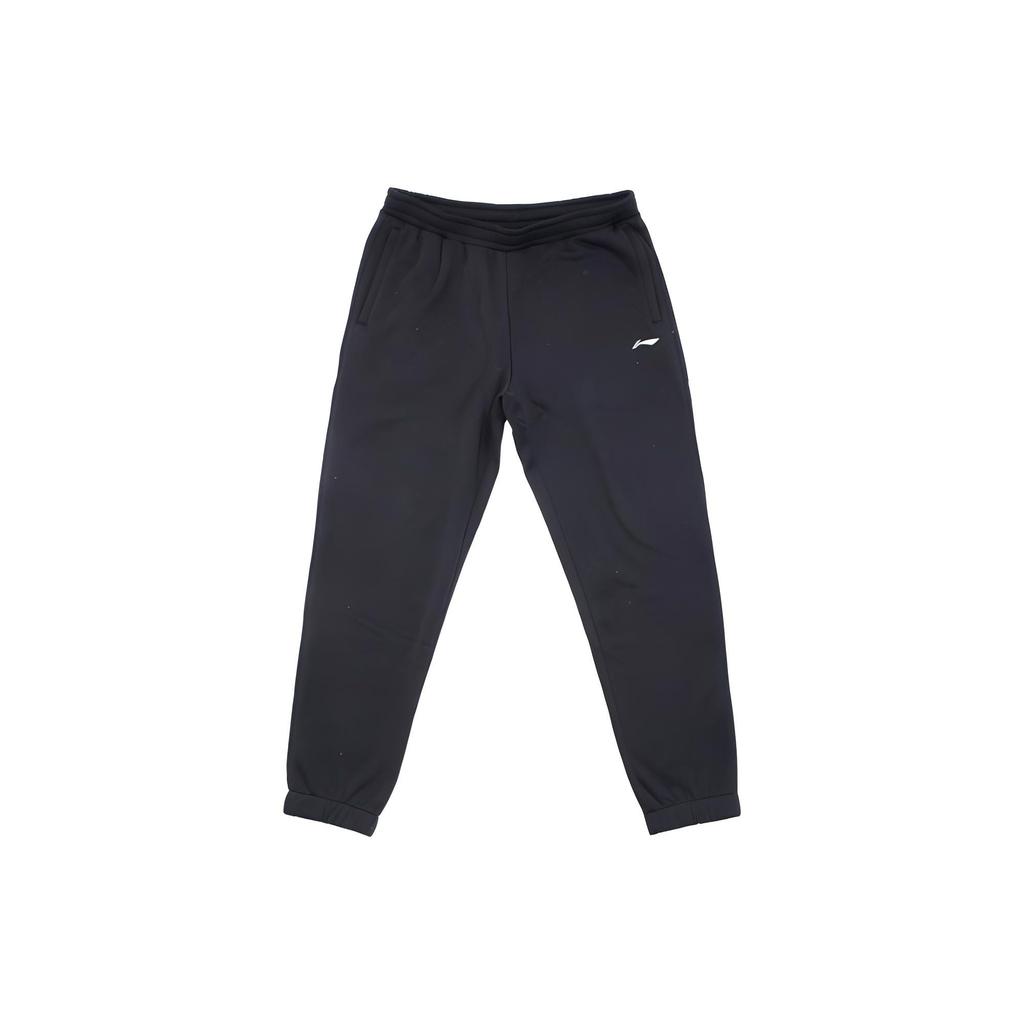 Li Ning Logo Print Solid Color Slim Fit Fleece Knit Sports Pants Men Bottoms Black AKLQ975-1