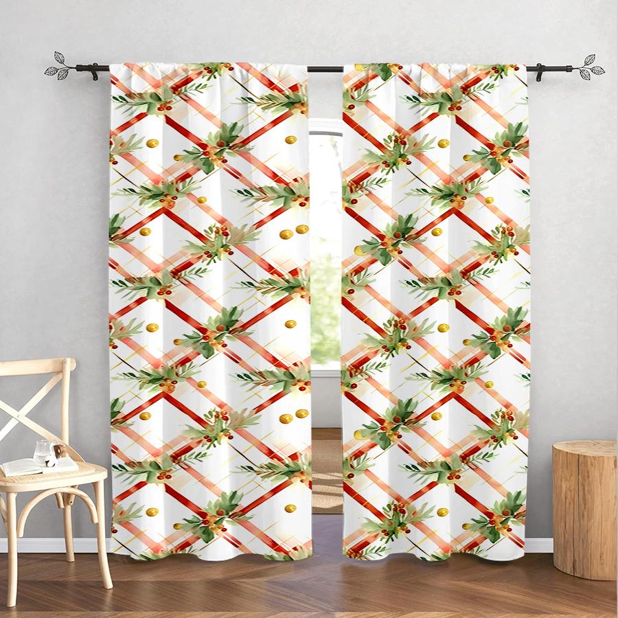 2pcs Watercolor Christmas Plaid Curtains  Holly Berry Design  for Holiday Window Decor Home   Accent Rod Pocket.