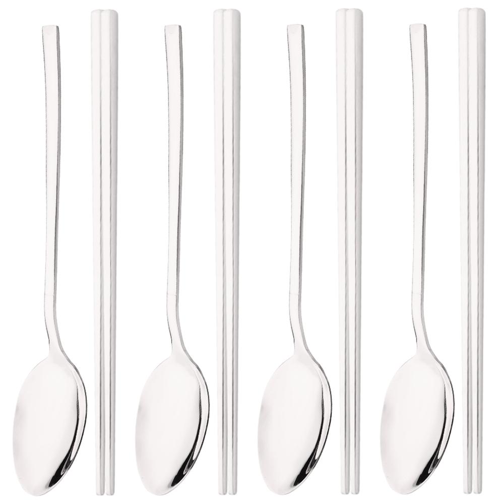 Gold Stainless Steel Cutlery Set Sushi Sticks Dinner Spoons Set 8Pcs Dinnerware Korean Chopsticks Dessert Spoon Flatware Set