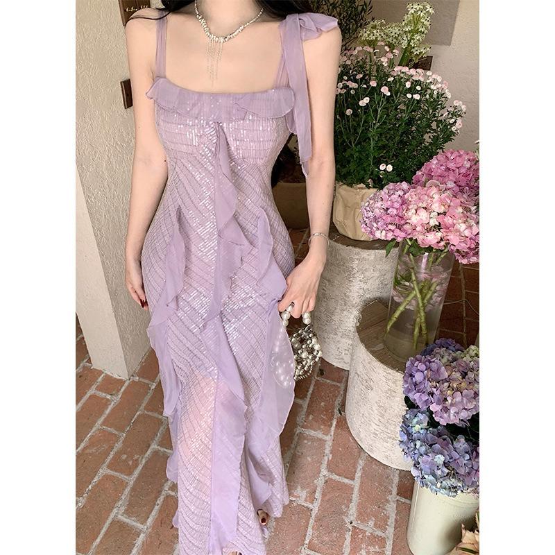 Премиум Элегантное Платье-Комбинезон с Пайетками и Подтяжками Бело-Фиолетовое Банкетное Вечернее Платье S