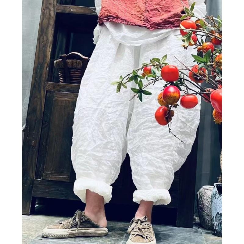 Johnature Women Harem Pants Solid Color Elastic Waist Pockets Patchwork Trousers Summer Loose Ankle Length Pants