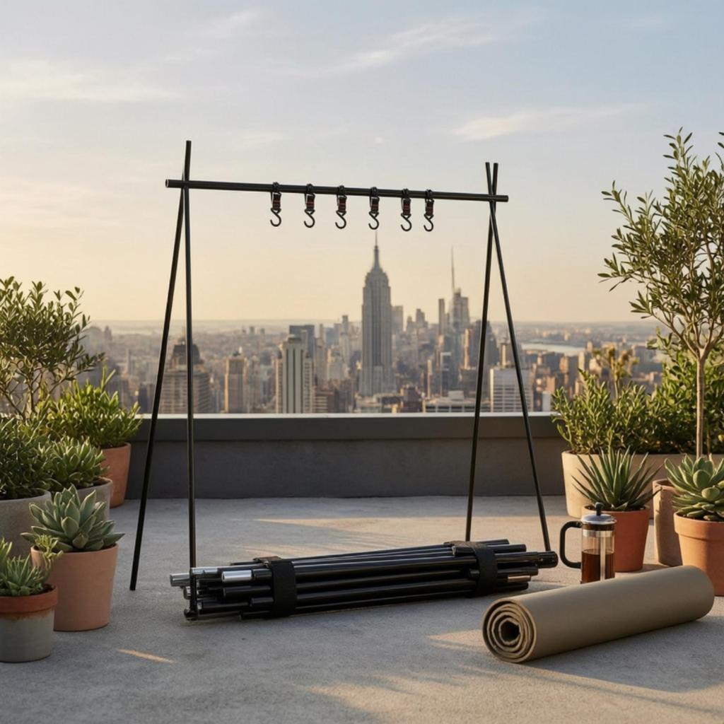 Foldable Camping Rack with Hanging Hooks Compact Triangular Freestanding for