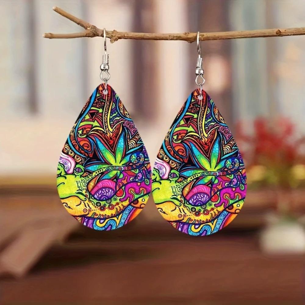 Bohemian Ethnic Style Wooden Water Drop Earrings Art and Culture Print Minimalist Dangle Earrings Fashion Jewelry Gift for Women