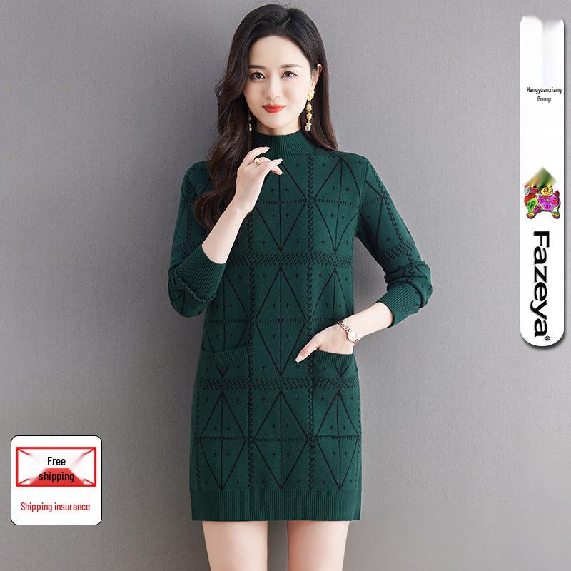 

Платье вязаное из шерсти аргайл Hengyuanxiang - Зимнее средней длины, с полувысоким воротником, модное и стильное для женщин Medium 105