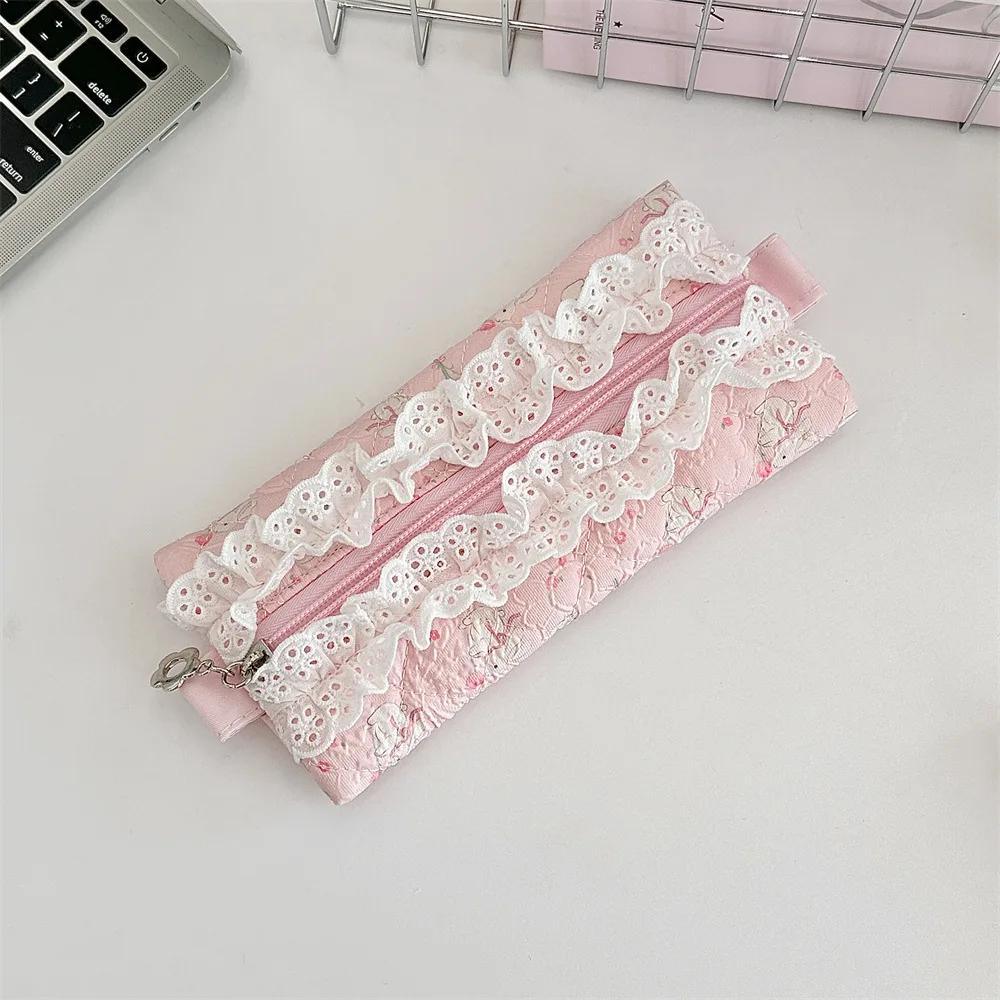 Cute Lace Ruffle Pencil Case for Kids Girl Sweet Cartoon Makeup Brush Organizer Large Capacity Soft Fabric Stationery Storage