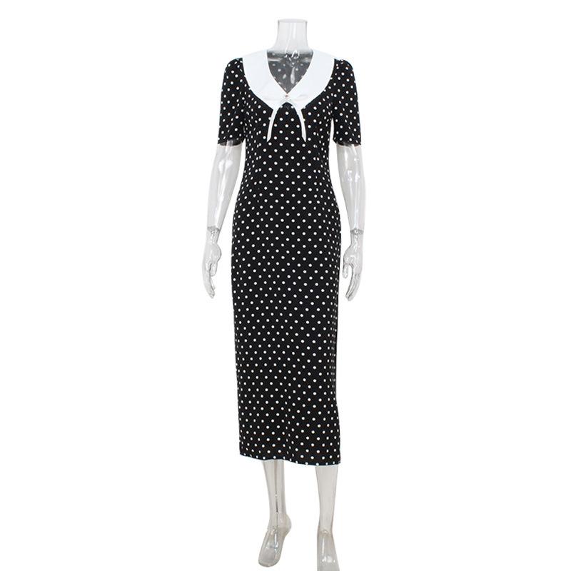 Damen Audrey Hepburn Stil Polka Dot Kleid Vintage Blumendruck Color Block Slim Fit Langes Kleid Mode Elegant