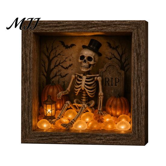 Desktop Mantel Decor Halloween Shadow Box Frame DIY Lighted Craft Kit, Wooden Night Light with Kit for Adults Sea Glass Stones, Gothic LED Memory