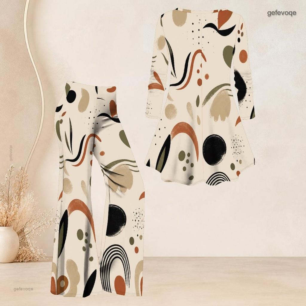 Women Plus Size Two Piece Set Round Neck Three Quarter Sleeve Abstract Printed Flared Top And Flared Pants
