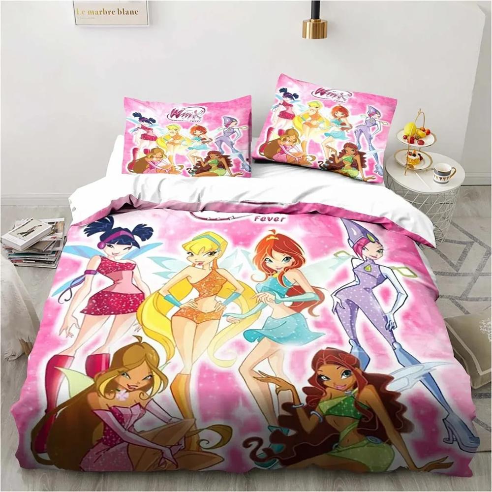 Winx Anime Kawaii Bettwäsche-Set, Bettbezug-Set, leicht, weicher Bettbezug, dekorative Bettwäsche für Teenager, Jungen und Mädchen, Geschenk, groß