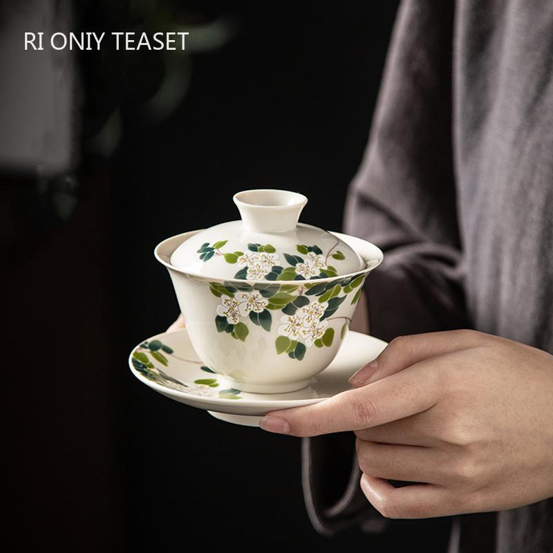 

160ml Chinese Ceramic Gaiwan Teacup Handmade Flower Pattern Tea Tureen Tea Bowl Household Porcelain Teaware Accessories
