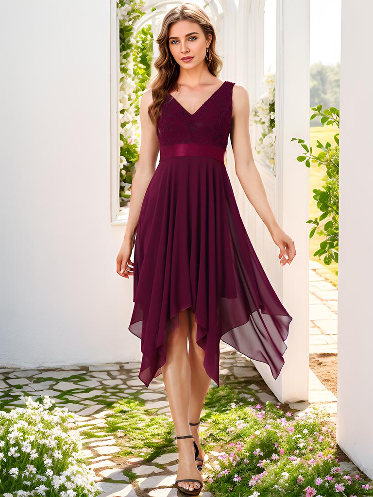 Ever-Pretty Women's Double V-Neck Empire Waist Lace Chiffon Asymmetrical Hem Prom Dresses