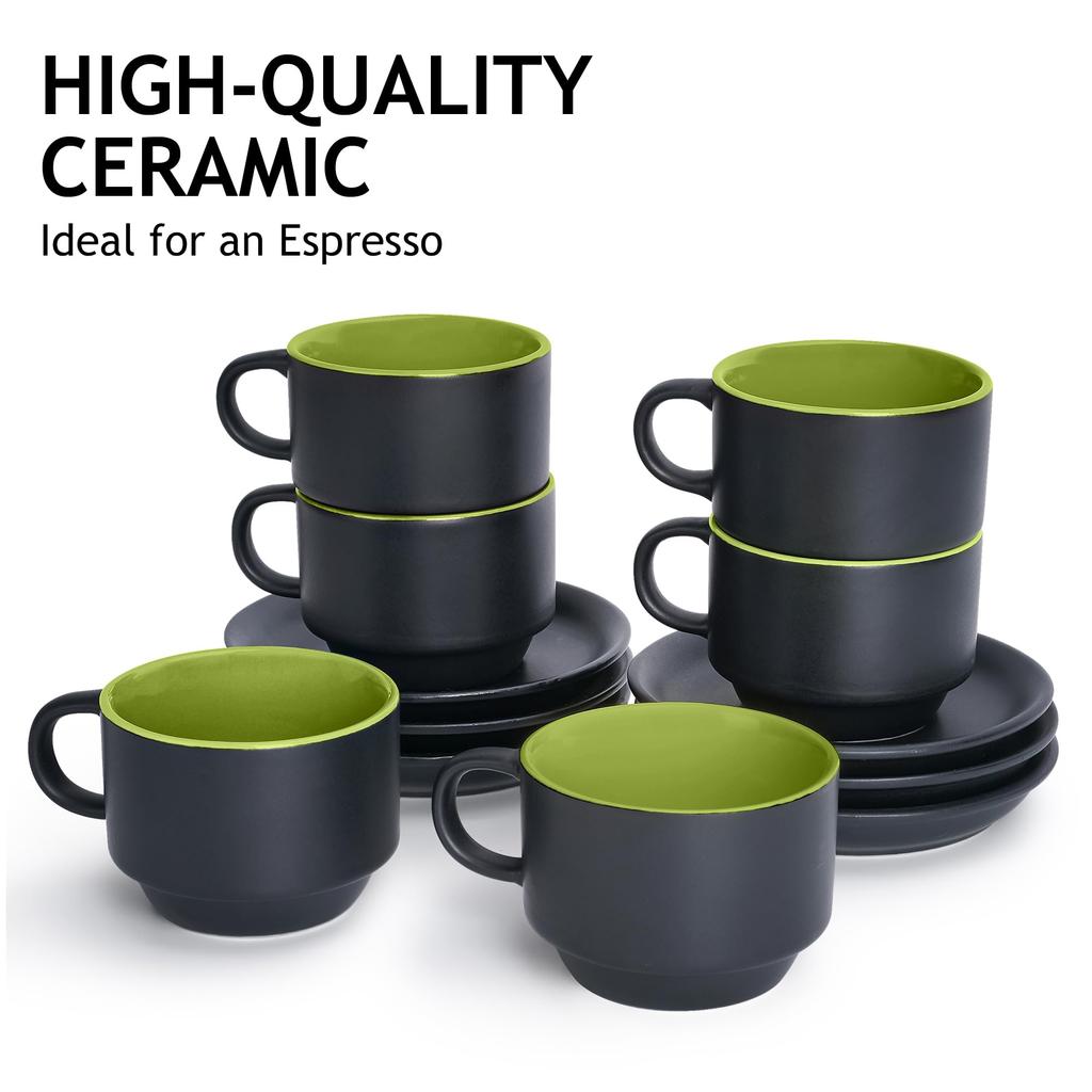 MIAMIO - 75 ml x 6 Stoneware Espresso Mug/Cup Set, Black Exterior, Colorful Interior