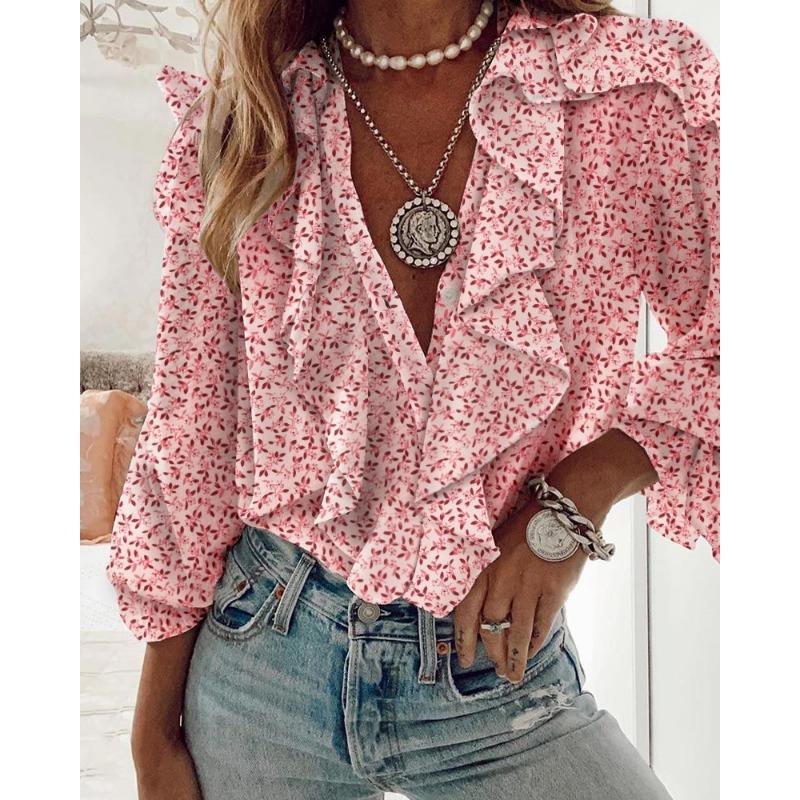 VEZFAA Women's Fashion Casual Spring Autumn Solid Color Print Long Sleeve V-Neck Blouses & Shirts