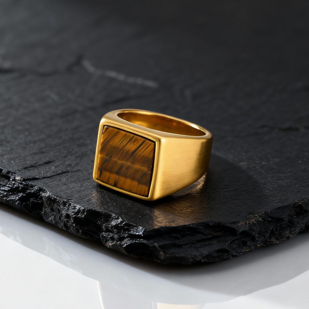 Tiger Eye Stone Ring for Men Boys,Stainless Steel Brown Natural Stone Signet Ring Square Ring,Stylsh Party Jewelry Gift