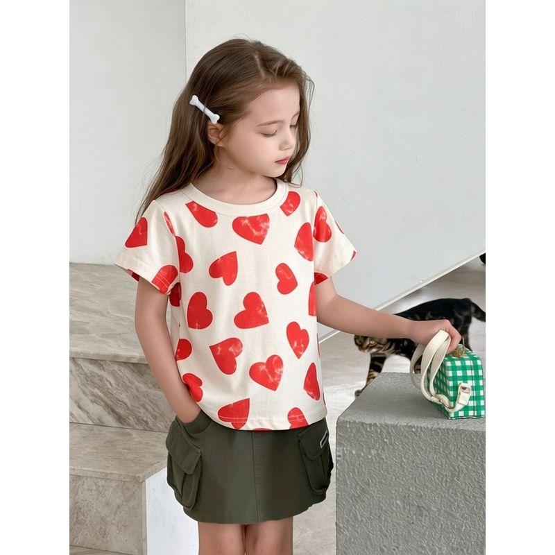 Brand Foreign Trade Children's Clothing Short-Sleeve Pure Cotton Heart-Printed Round-Neck T-Shirt Baby Clothes for Girls 2026 Summer
