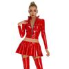 Sexy Women 2 Pcs/Set Glossy Shiny Flared Pleated Skirt Wetlook Pu Faux Leather Ruffled Mini Skirt With Short Top Dance Wear