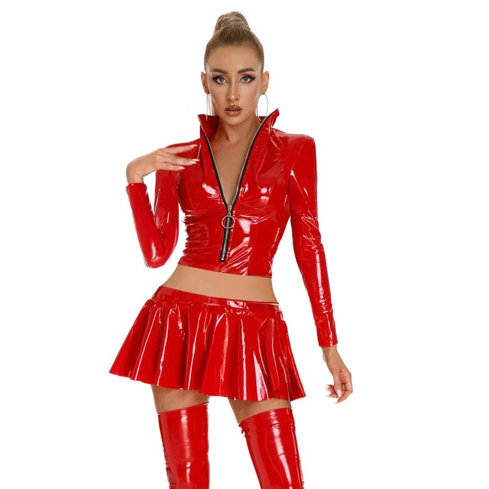 Sexy Women 2 Pcs/Set Glossy Shiny Flared Pleated Skirt Wetlook Pu Faux Leather Ruffled Mini Skirt With Short Top Dance Wear