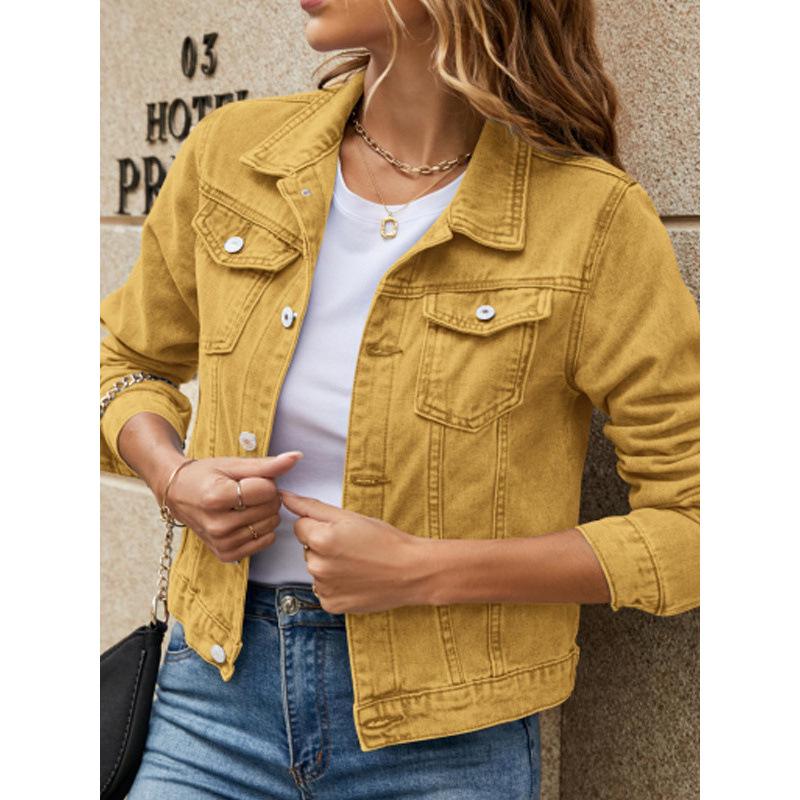 2025 Europäische & Amerikanische Grenzüberschreitende Mode Schlank geschnittene Damen Jeans Bomberjacke mit Umlegekragen & Taschen, Vielseitige einfarbige Oberbekleidung
