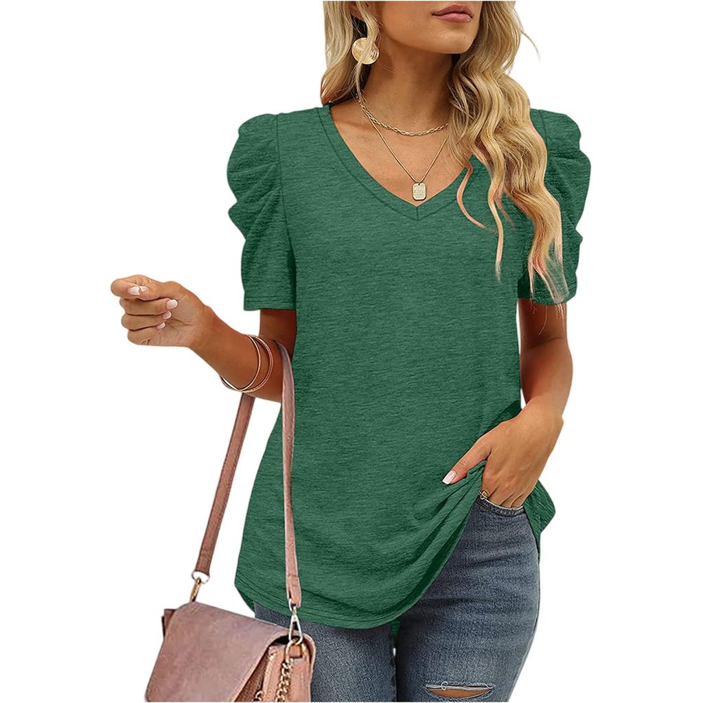 Women's Casual Ruffled Patchwork V-Neck Short Sleeve T-Shirt Top