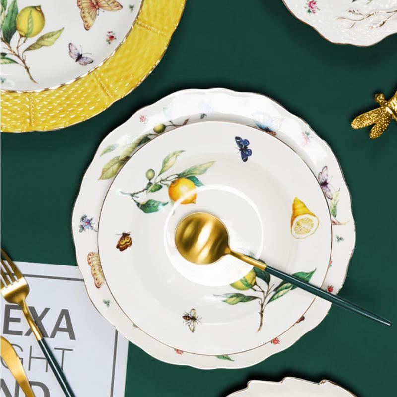 European Lemon Pattern Ceramic Dinner Steak Plate Bowl Fruit Candy Fruit Dim Sum Western Cuisine Plate Dishes Dinner Plates