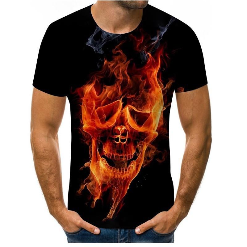 2026 Mens Streetwear Graphic Tee 3D Skull Print Loose Fit Crew Neck Short Sleeve Cotton T-Shirt