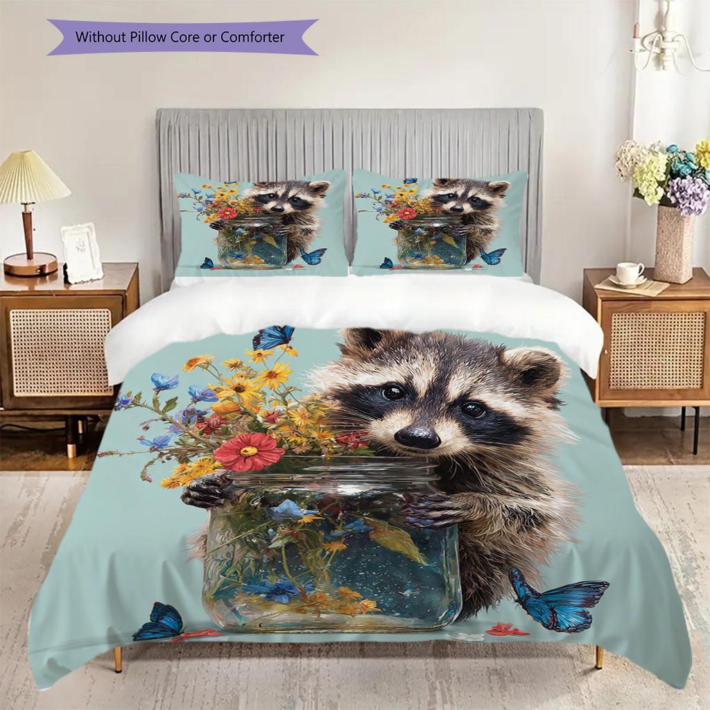Raccoon Pattern Bedding Quilt Set Quilt Cover Pillowcase Home Decoration Birthday Gift (1 * duvet cover + 2 * pillowcase, without core)
