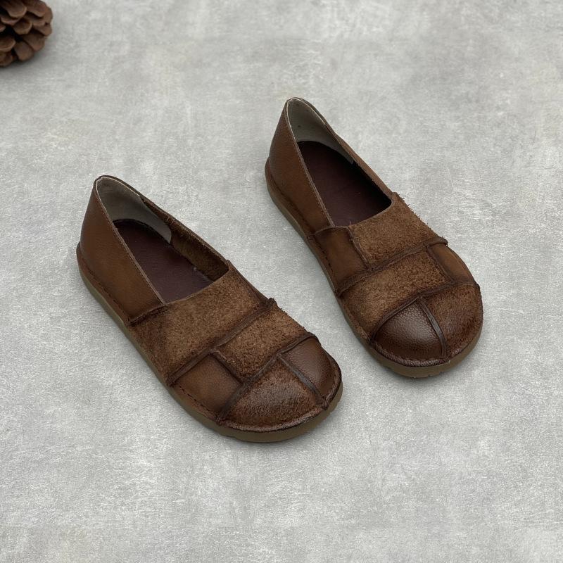 Johnature Handmade Loafers Genuine Leather Flats Retro Round Toe Soft Soled Cowhide Women's Slip-on Shoes