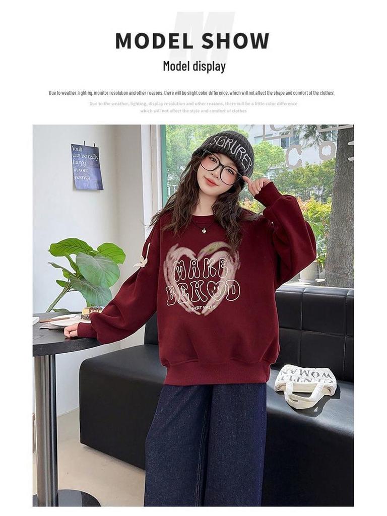 Girls' Fleece-Lined Spliced Sweatshirt: Stylish Autumn/Winter Pullover for Kids