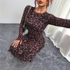 Women's Elegant Leopard Print Long Sleeve Round Neck Sexy Waist Tight Dress