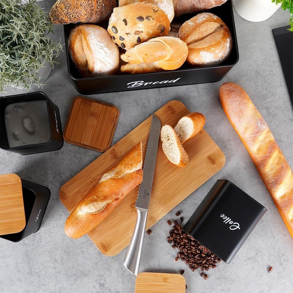Black Metal Bamboo Bread Bin Kitchen Container for Bread