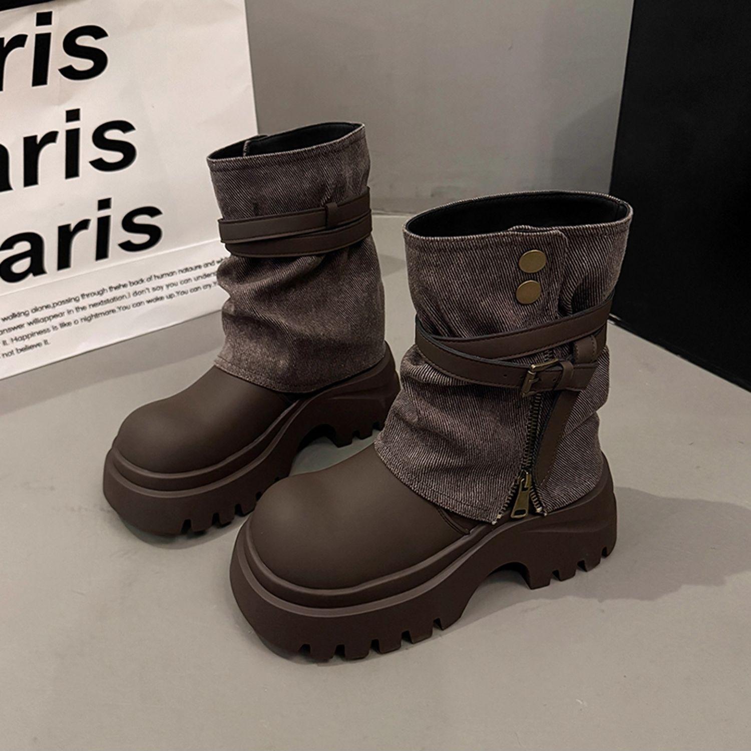 

[Fanfna] 2025 autumn new thick-soled heightening Martin boots women s high-end fried street super fire British short boots 40 коричневый