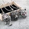 Unisex European Retro Stainless Steel Pendant Necklace with Gemstone Inlaid Tiger, Lion, Leopard Design