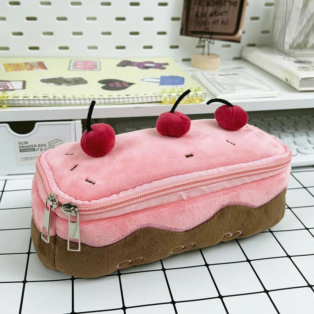 Trousse à crayons mignonne en peluche gâteau cerise grande capacité rangement papeterie étudiante pour filles enfants cadeau de rentrée scolaire rose