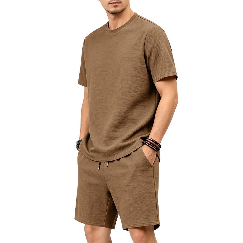 Men Casual Loose Textured Short Sleeve T Shirt And Shorts Two Piece Set